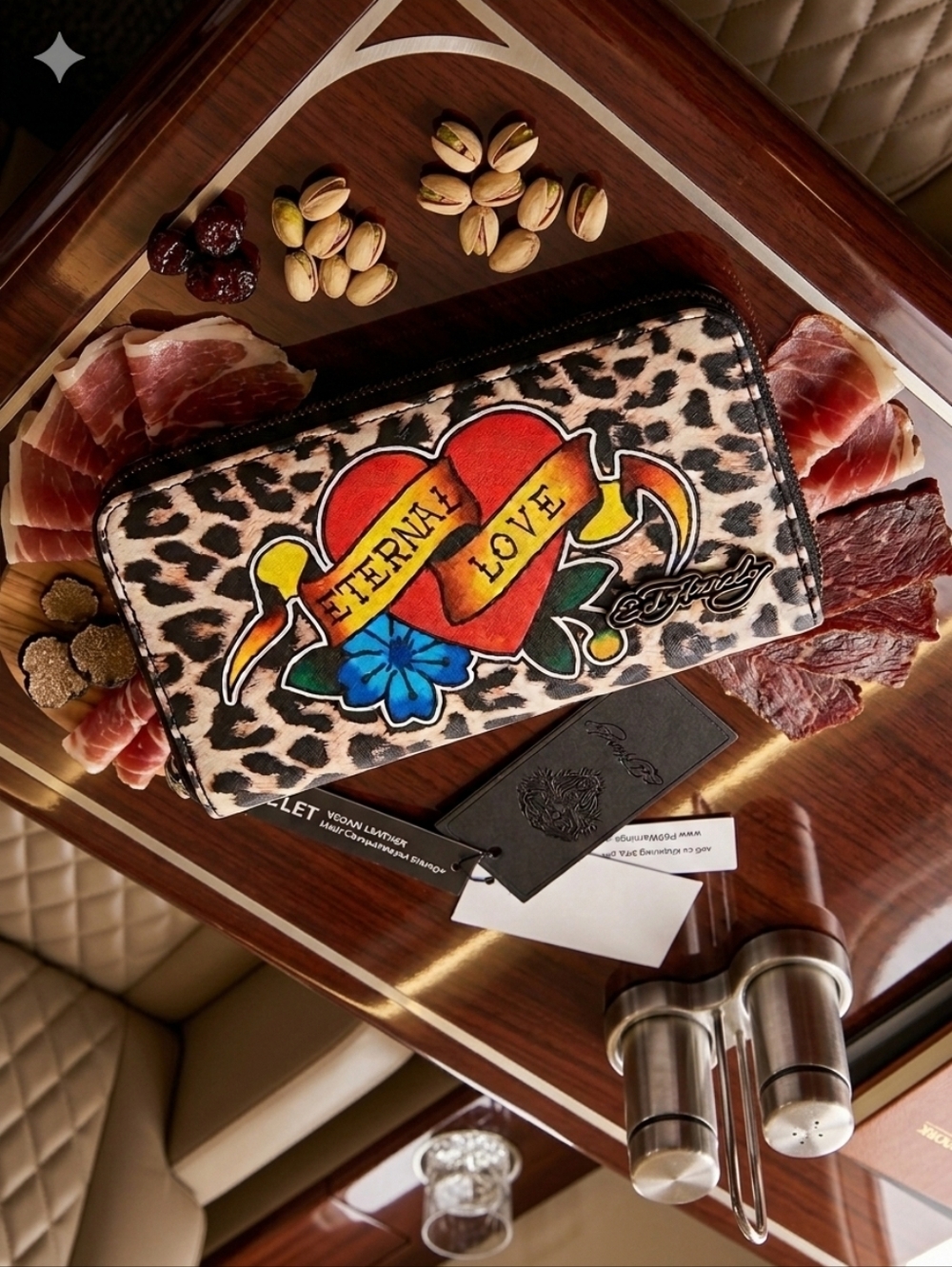 Ed Hardy Leopard Wallet with Red, Yellow and Blue Tattoo Heart